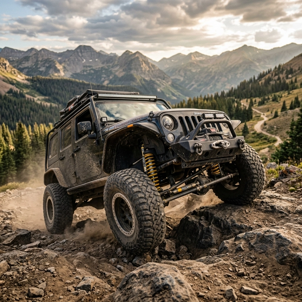 All Out Motorworks off-road Jeep conquering rugged mountain trail.