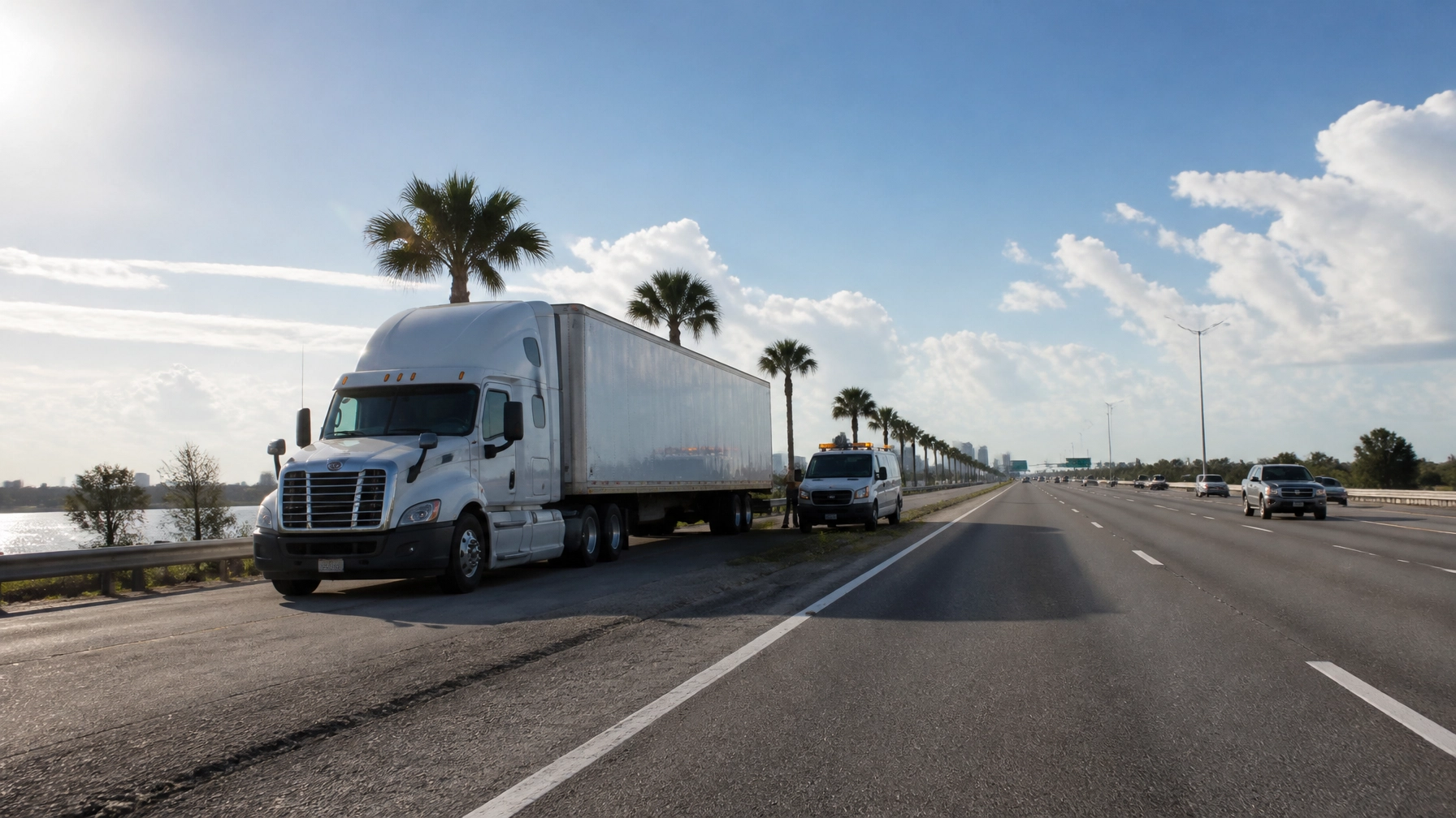 Commercial truck fleet on highway with palm trees, clear sky, and other vehicles.