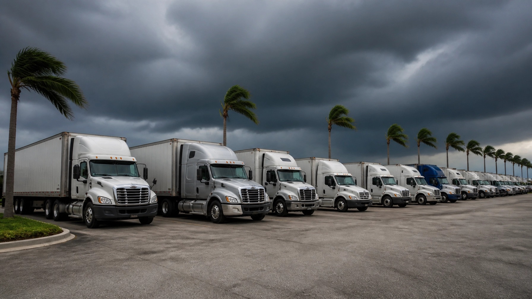 Line of trucks parked outdoors under stormy sky at AM Ready LLC.