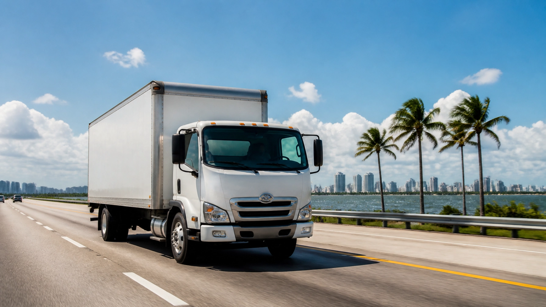 Delivery truck on highway with palm trees and city skyline in background.