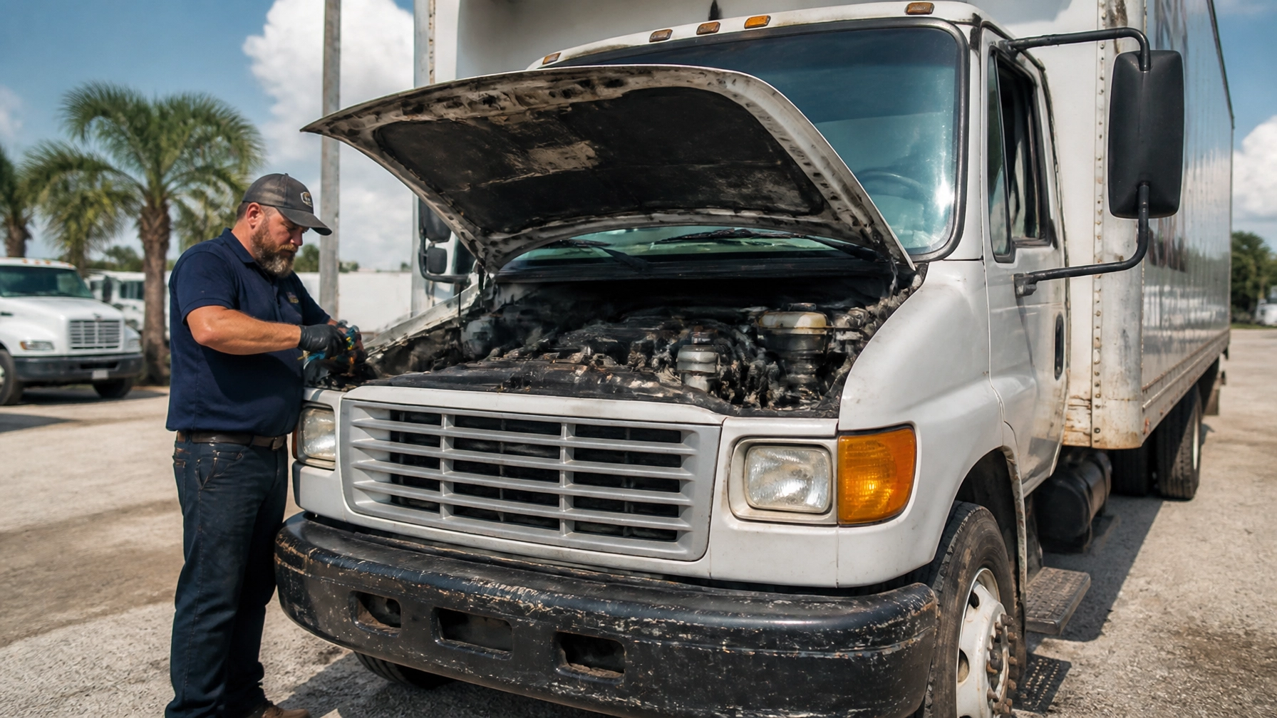 Technician inspecting a commercial truck engine for maintenance or repair.