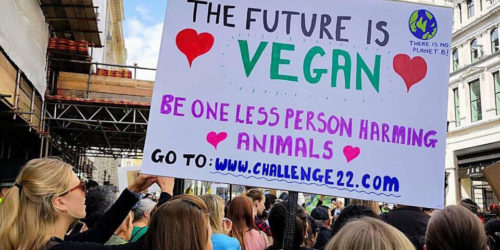 big vegan sign in a protest