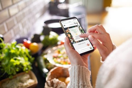 ידיים של אישה מחזיקות בטלפון נייד על רקע מטבח עם מצרכים מהצומח