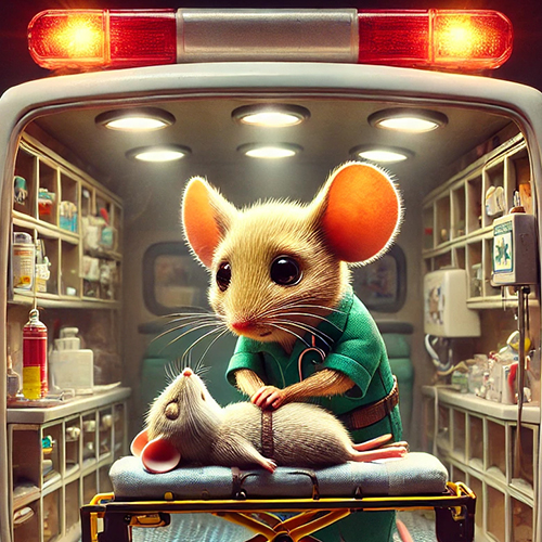 איור של עכבר מואנש לבוש כפראמדיק מבצע החייאה באמבולנס בעכבר אחר