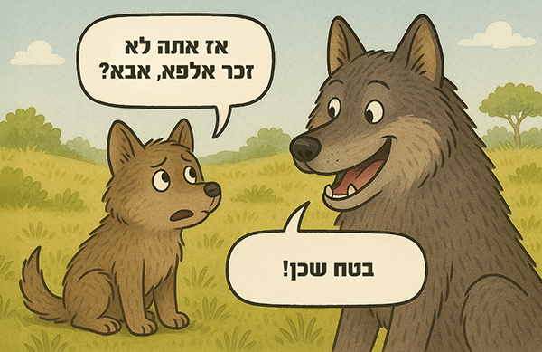 איור קומי זאבים גור שואל את אבא אם הוא אלפא