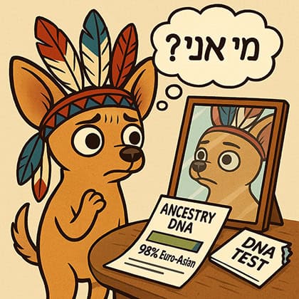 איור קומי של כלב ציוואווה תוהה מי אני עקב תוצאות בדיקה גנטית