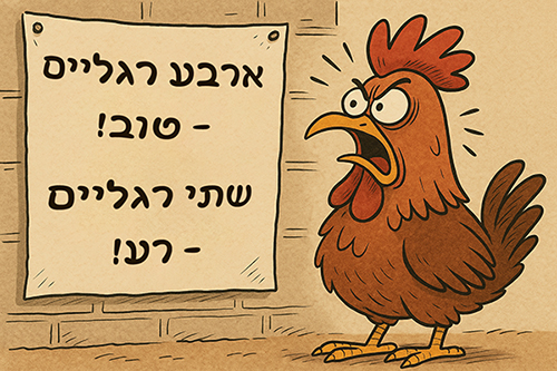 איור קומי תרנגול מביט בכעס על כרזת 4 רגליים טוב 2 רגליים רע