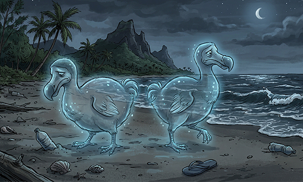 איור שתי רוחות ציפורי דודו עגומות על חופי מאוריציוס