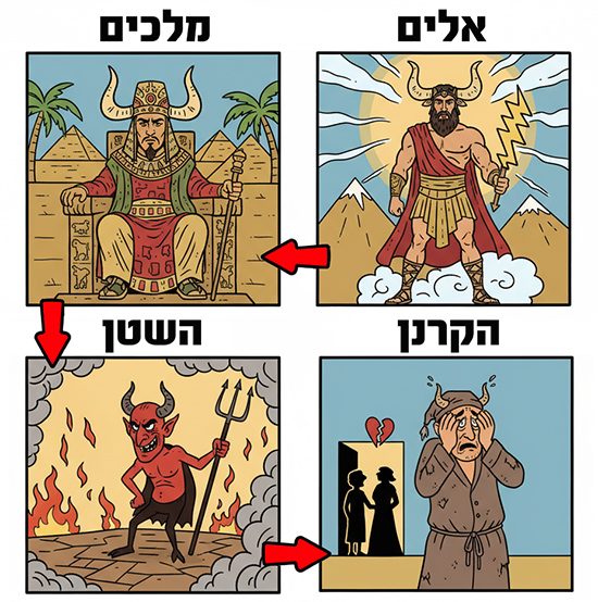 אלים מלכים השטן הקרנן 4 איורים שמשקפים את סמליות הקרניים לאורך ההיסטוריה האנושית