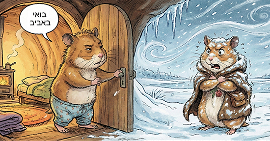 איור קומי של אוגר בסיביר אומר לאוגרת שדופקת על דלת מאורתו: בואי באביב