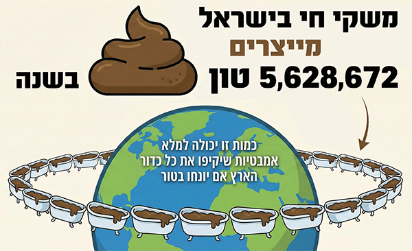 המחשת כמות הצואה שמייצרים משקי חי בישראל בשנה