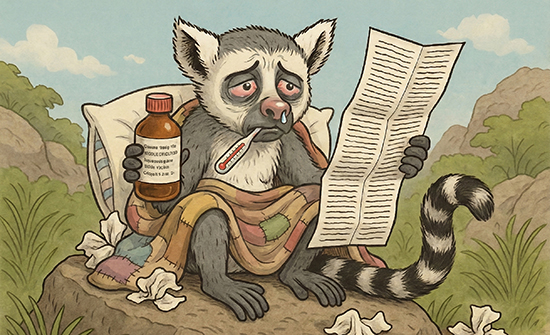 איור קומי של למור מצונן לוקח סירופ