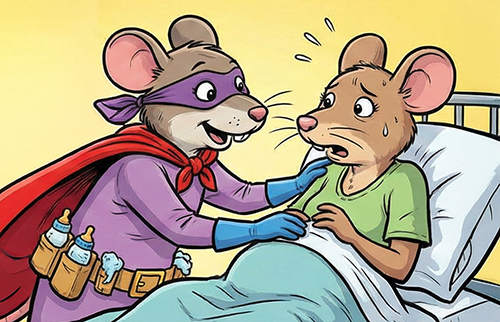 עכברה מיילדת מאוירת כגיבורת על