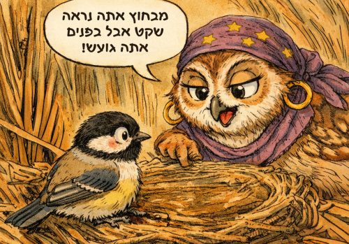 איור קומי של ינשופה קוראת בקן של ירגזי