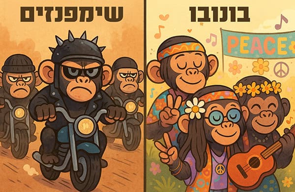 קריקטורה המחשת הבדלים בין שימפנזים לקופי בונובו כנופיית אופנוענים מול ילדי פרחים איור להמחשת ההבדלים בין שימפנזים לקופי בונובו: בתור כנופיית אופנוענים מצ'ואיסטית לעומת חבורה של ילדי פרחים