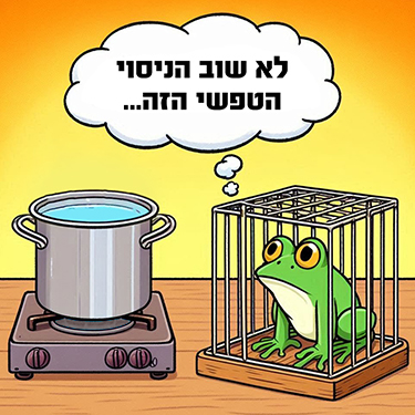 קריקטורה (צפרדע בכלוב ליד כיריים ועליהם סיר חושבת לעצמה "לא שוב הניסוי הטפשי הזה")