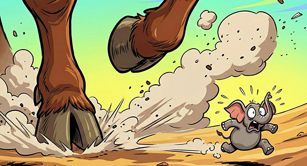 קריקטורה של פיל בגודל עכבר בורח מפרה