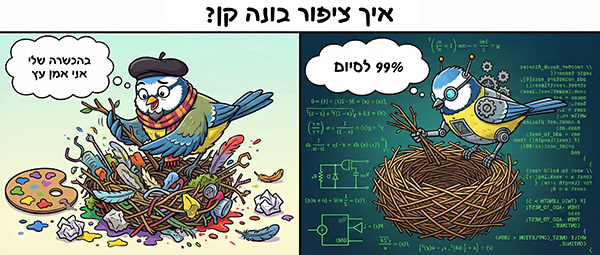 איור קומי שממחיש ציפור בונה קן בתור רובוט לעומת בתור אמן