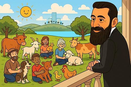 איור קומי של הרצל חוזה המדינה מביט שישראל שעברה שווייצריזציה קלה