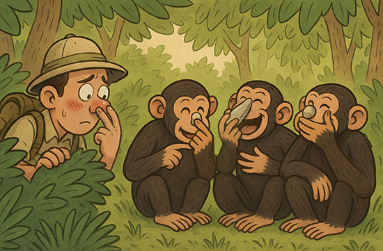 שימפנזים צוחקים על חוקר אנושי על אפו