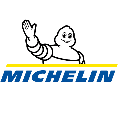 Michelin tire logo with the iconic Bibendum mascot waving.