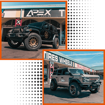 Off-road vehicle parked in front of Apex Auto Center, specializing in tire, wheel, and auto repair s.