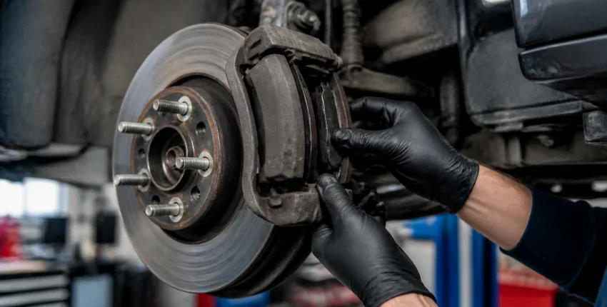 Technician inspecting car brake system at Apex Automotive.