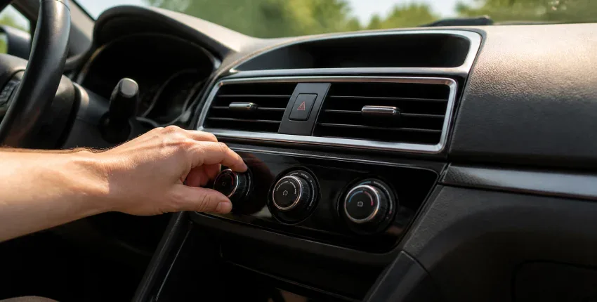 Person adjusting car air conditioning controls inside vehicle.