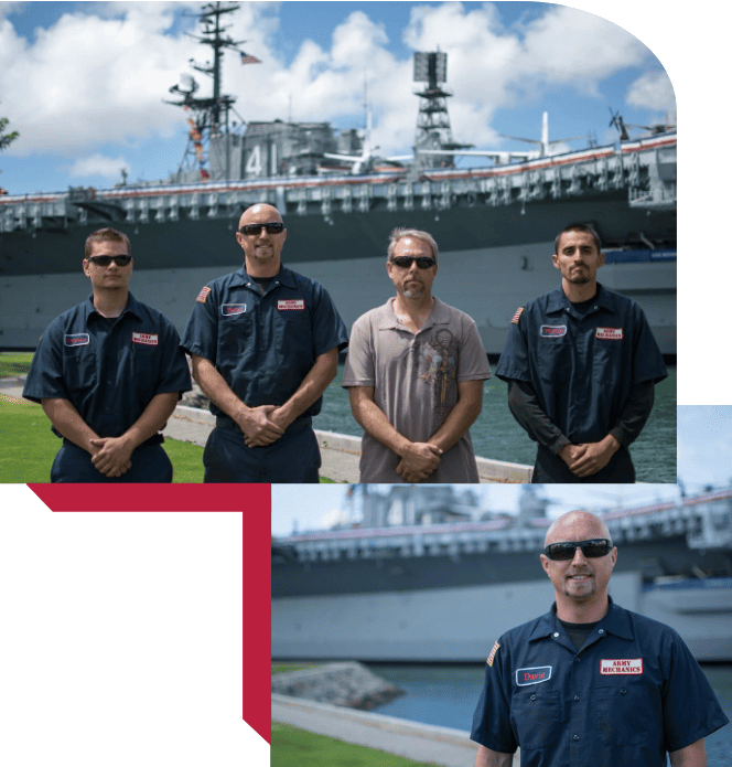 Army Mechanics Inc team standing in front of a naval ship for maintenance.