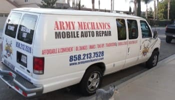 Mobile auto repair van with Army Mechanics branding and contact info.