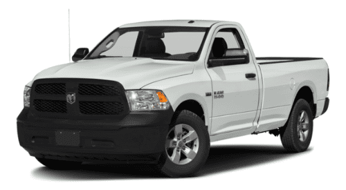 White Ram 1500 pickup truck with black grille and wheels.