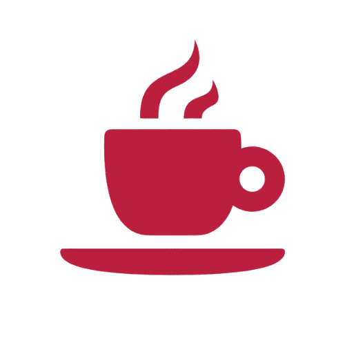 Red coffee cup icon with steam, representing energy and service.