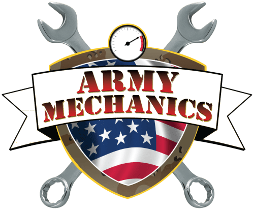 Army Mechanics Inc logo with tools and American flag shield.