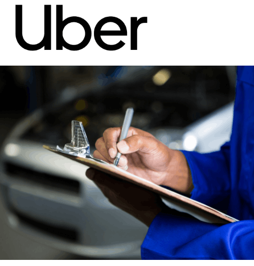 Technician inspecting vehicle for Uber, Lyft, Turo with clipboard at Army Mechanics Inc.