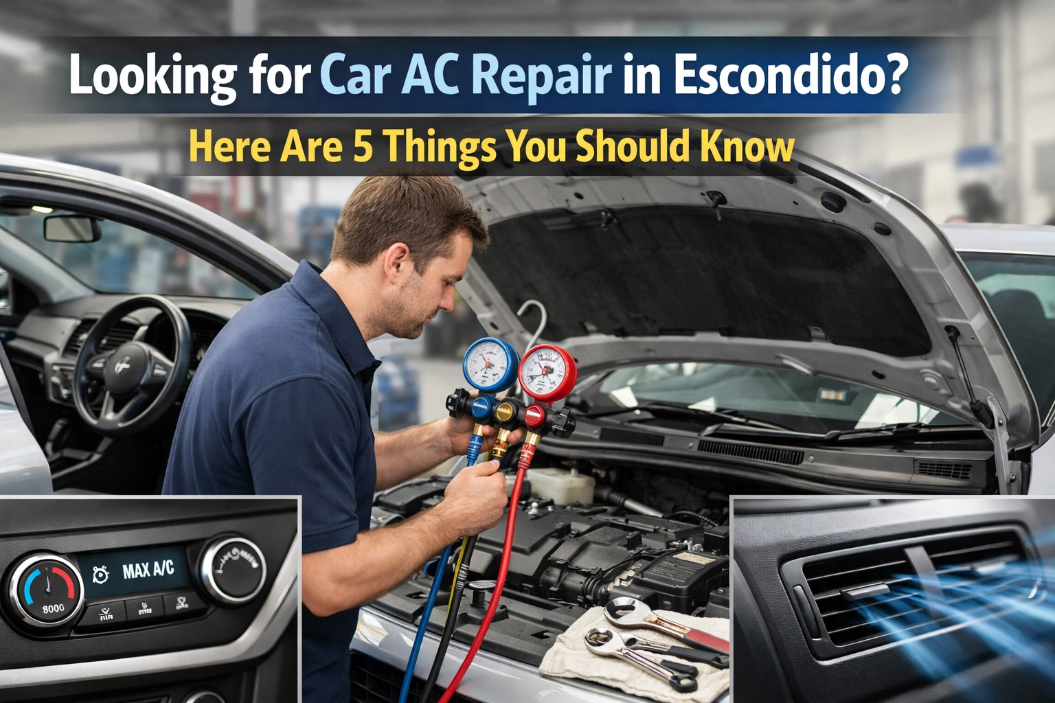 Technician checking car AC system with gauges at Army Mechanics Inc.
