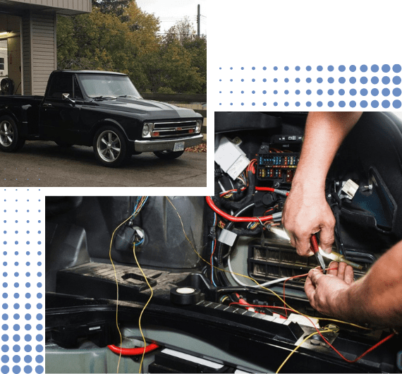 Classic black pickup truck being serviced at Arrow Automotive.