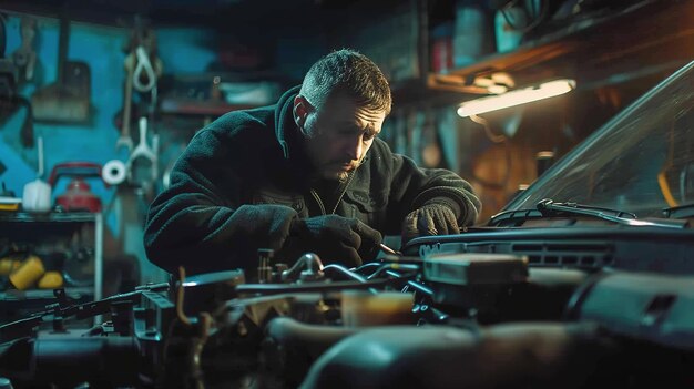 Auto mechanic inspecting vehicle engine for repairs and maintenance.