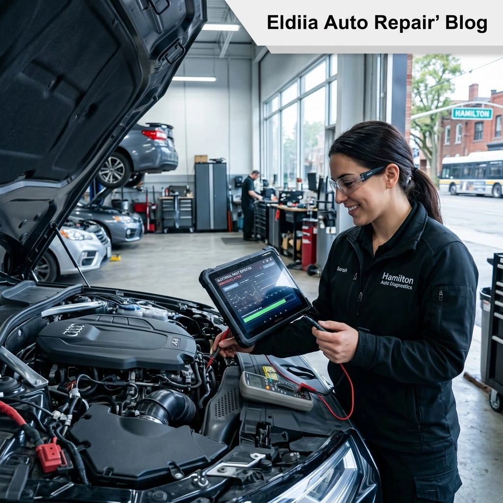 Auto technician performing engine diagnostics with advanced scanner at Arrow Automotive.