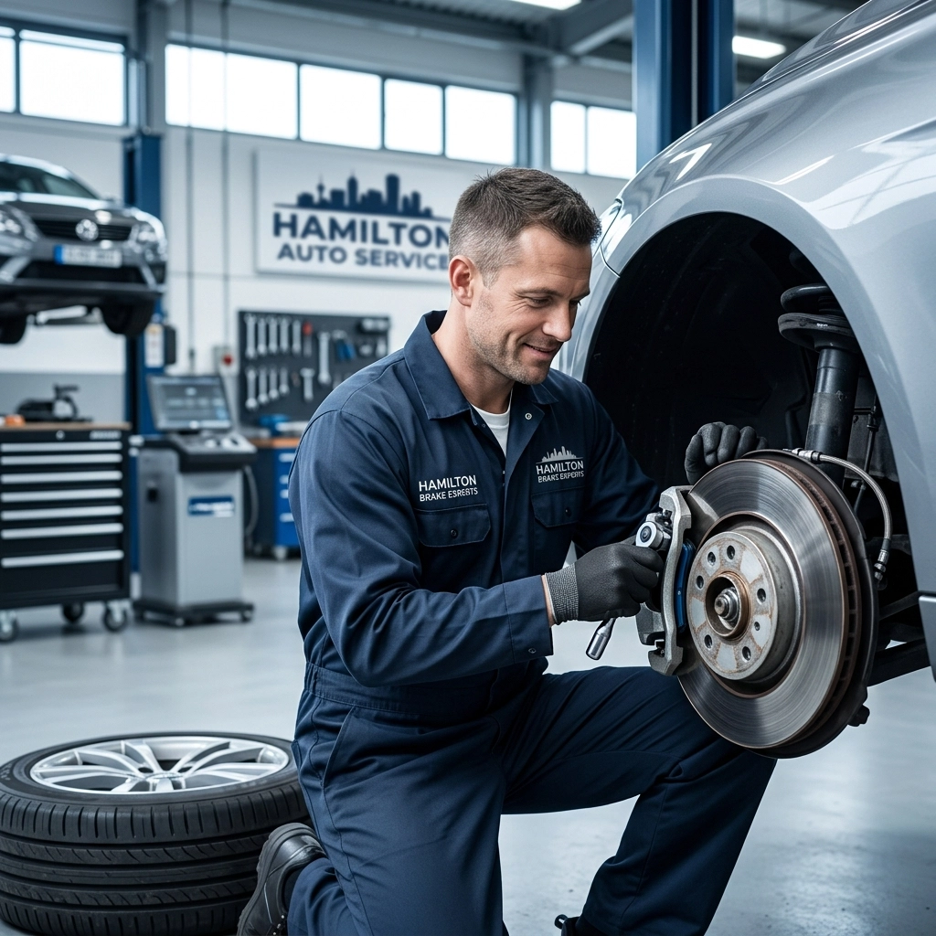 Auto repair technician inspecting a car brake system at Hamilton Auto Service. Skilled mechanic work.