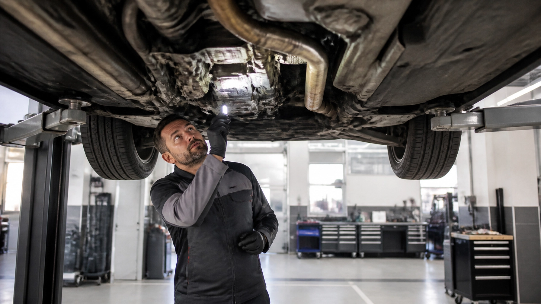 Automotive mechanic checking under car in auto repair shop.