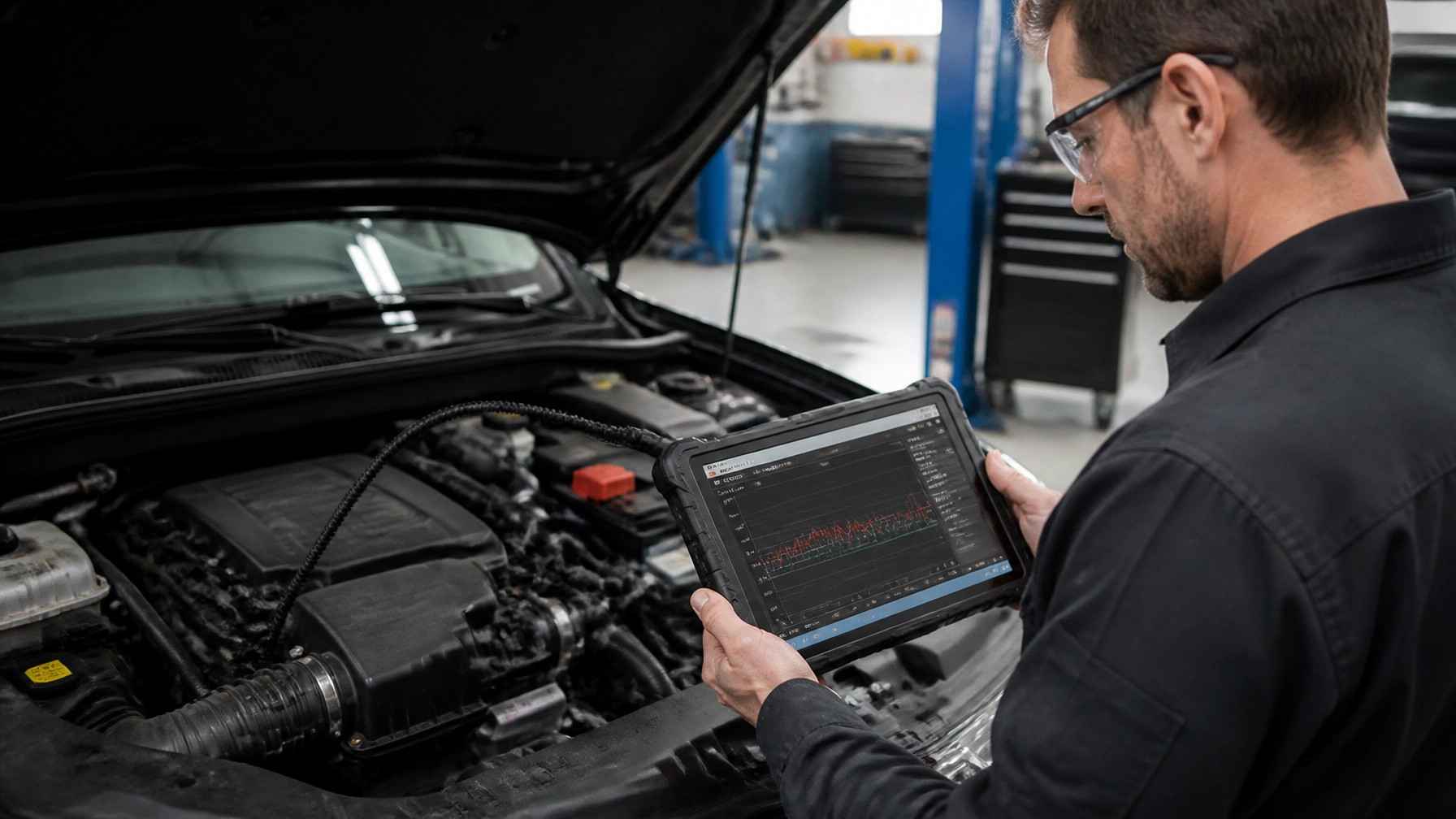 Technician using diagnostic scanner on car engine at Arrow Automotive.
