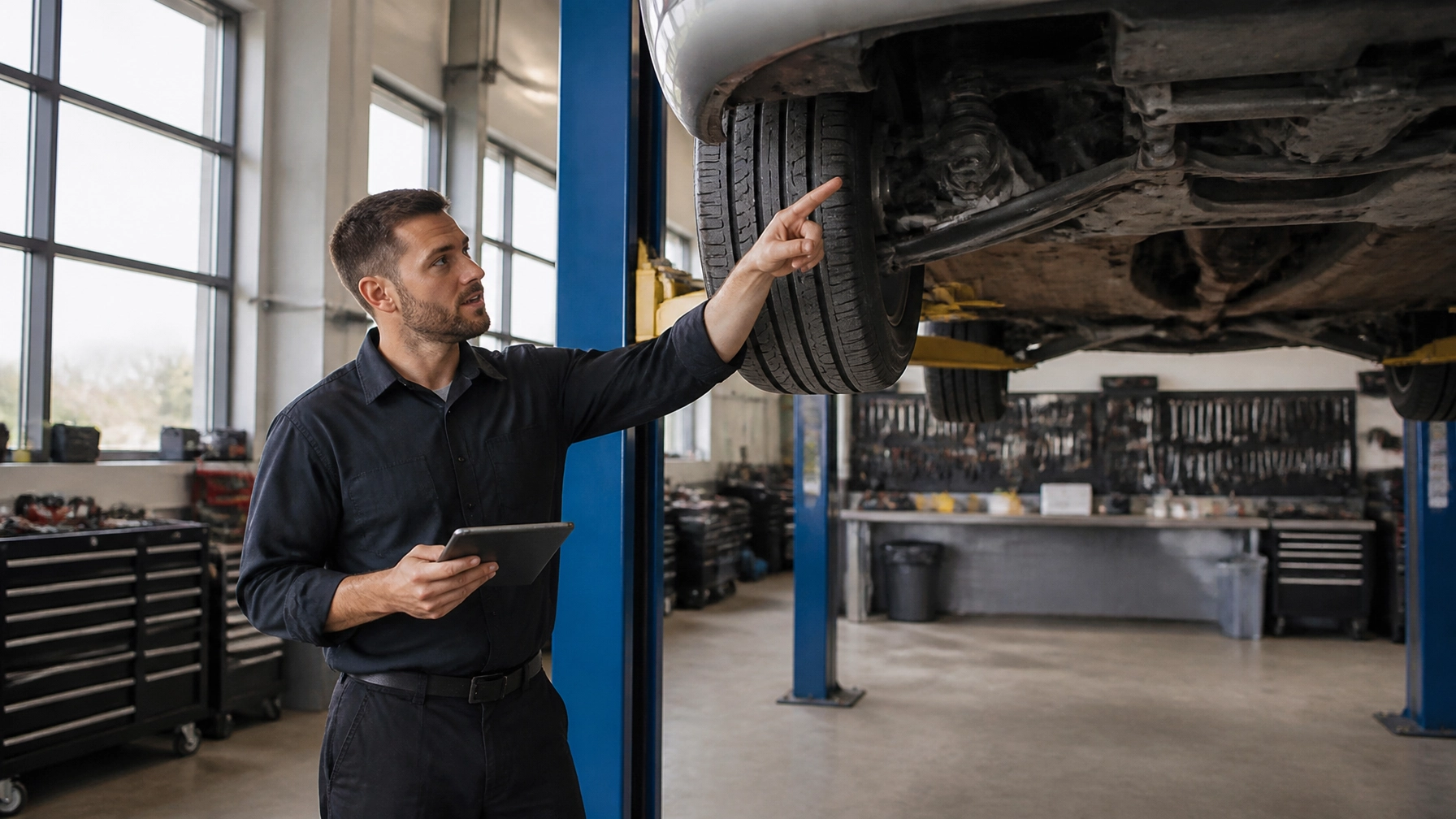 Auto mechanic checking vehicle suspension in repair shop.