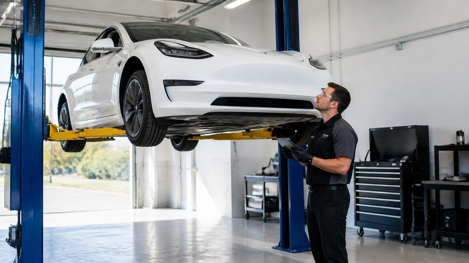 Technician inspecting a white electric car on hydraulic lift at Arrow Automotive.