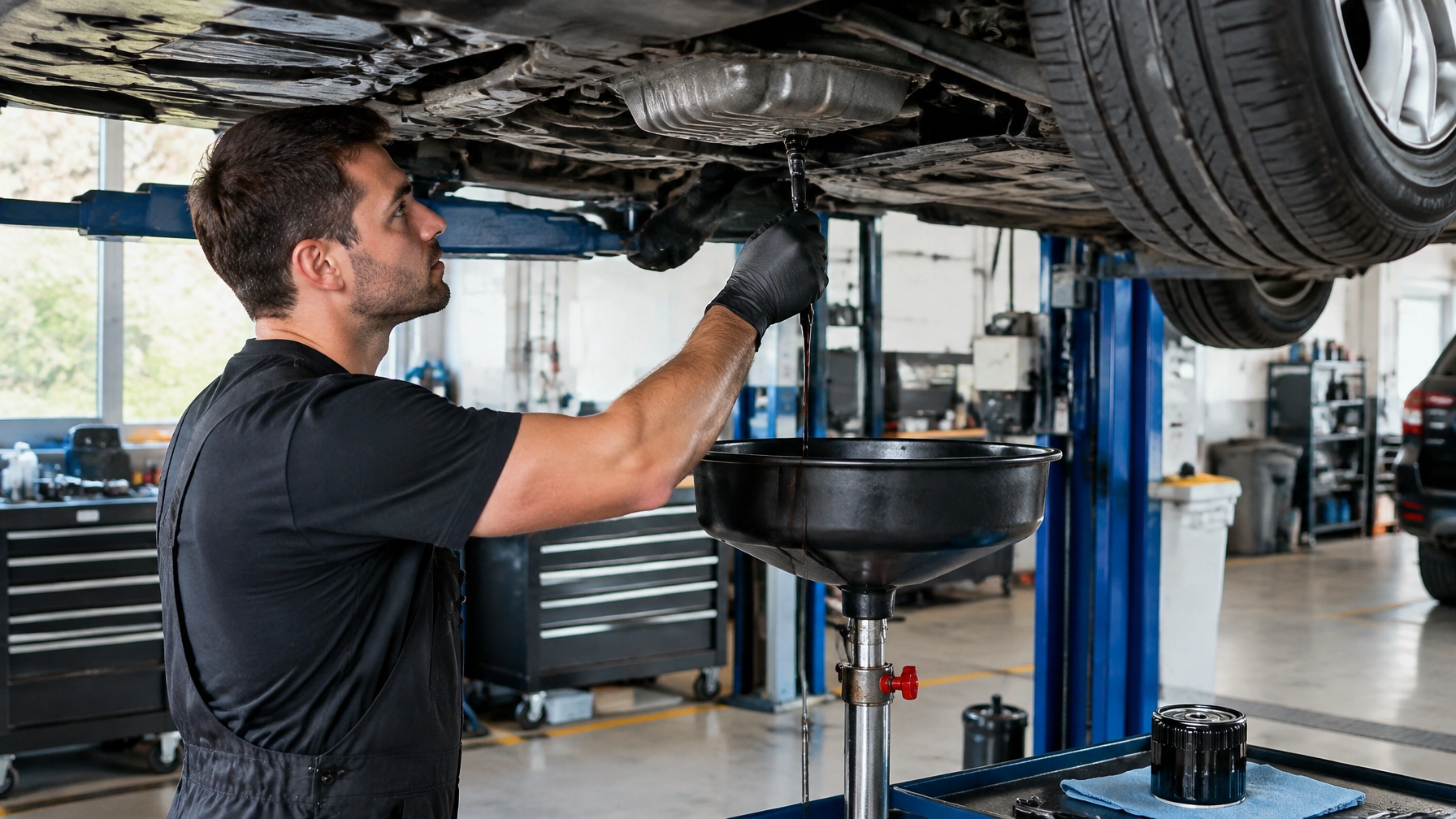 Auto mechanic changing oil under vehicle in repair shop.