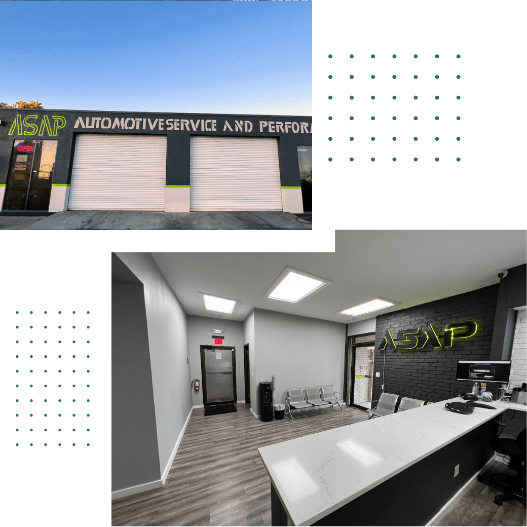 Exterior view of ASAP Automotive Service & Performance shop with garage doors.