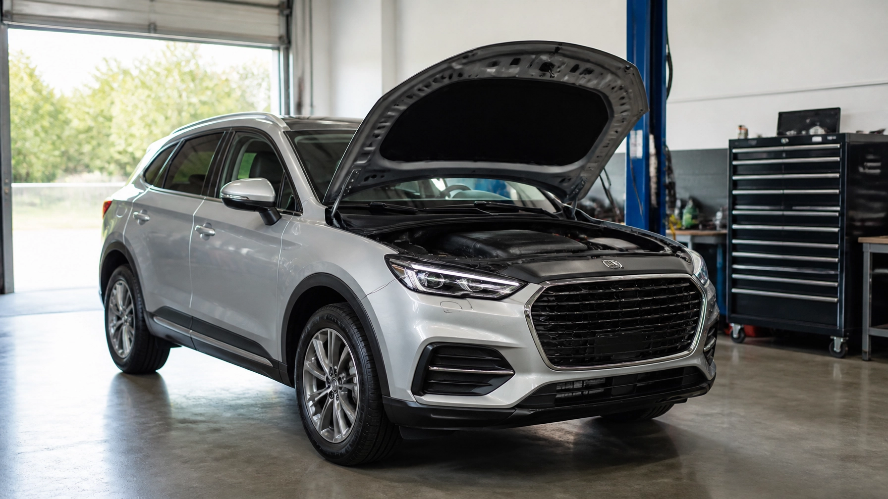 Silver SUV with open hood in auto repair shop for maintenance or repair.