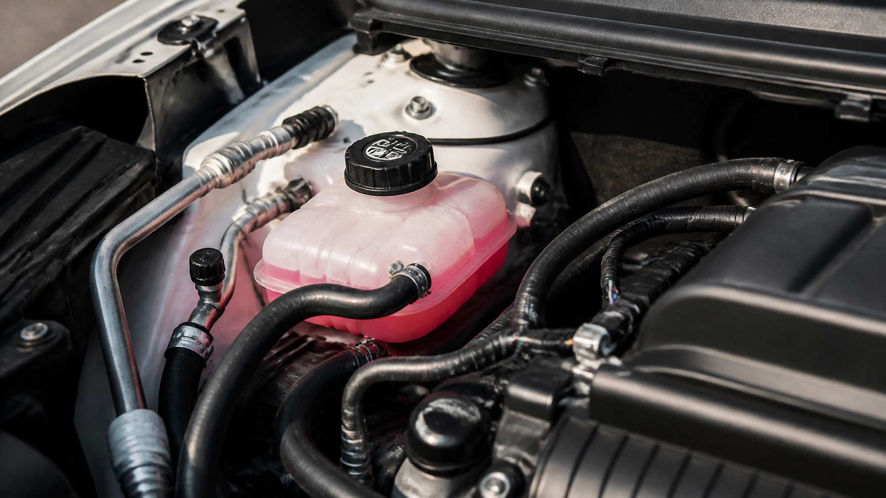 Close-up of car engine with fluid reservoir and hoses at ASAP Automotive & Transmission.