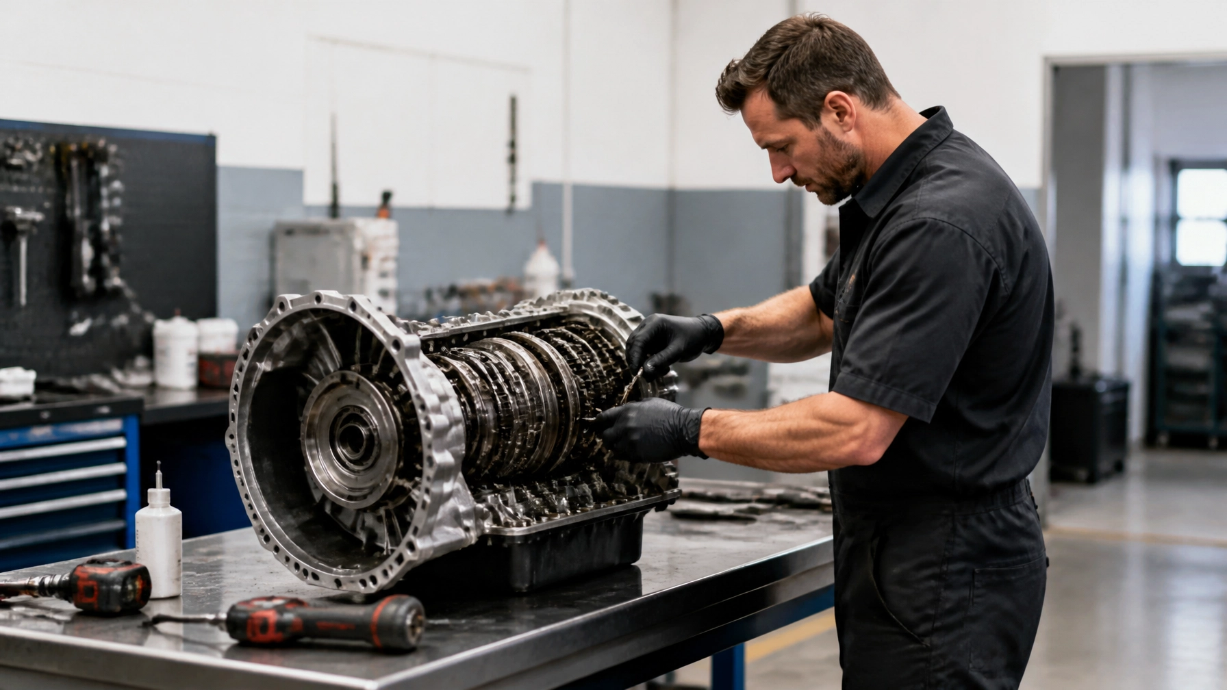 Technician repairing car transmission in auto shop workshop.