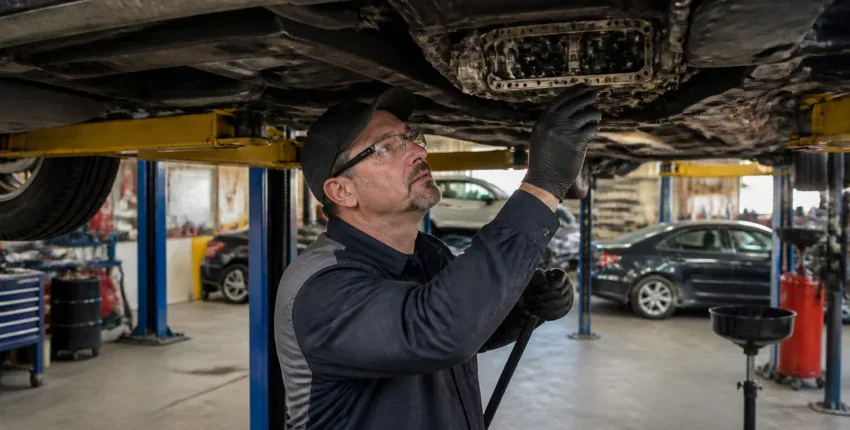 Technician inspecting car transmission under lift at auto shop.