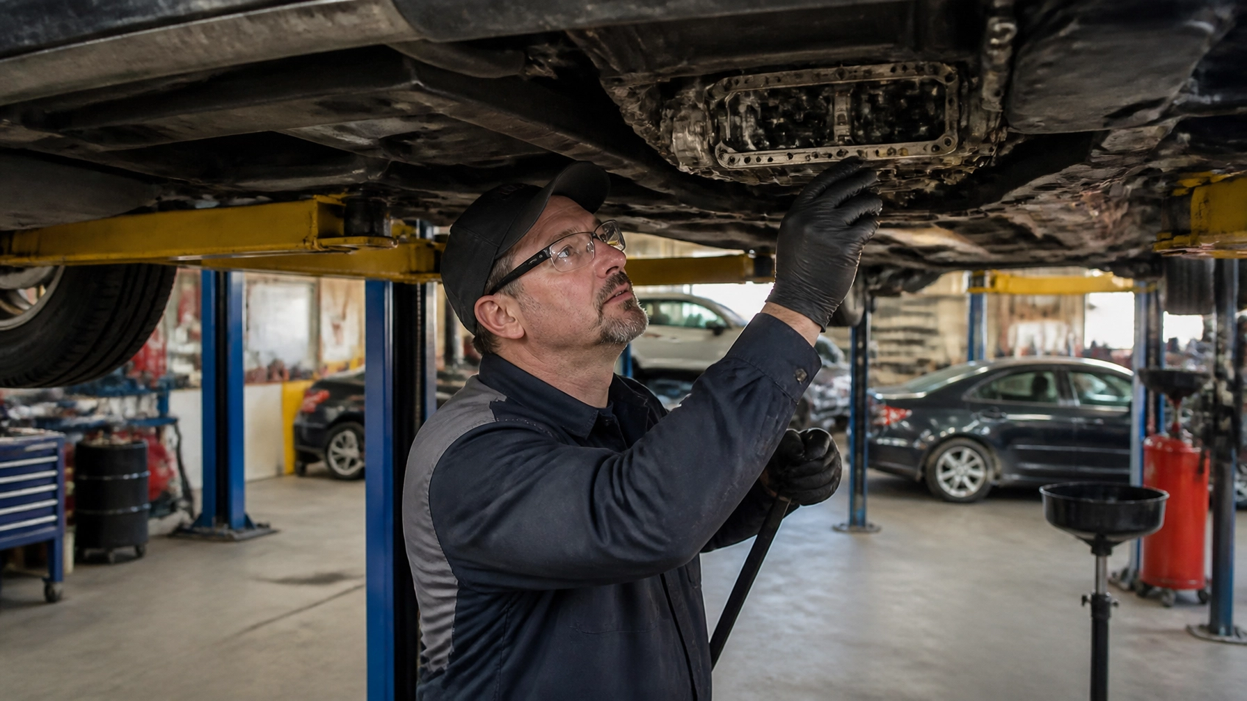 Technician inspecting car transmission under lift at auto shop.